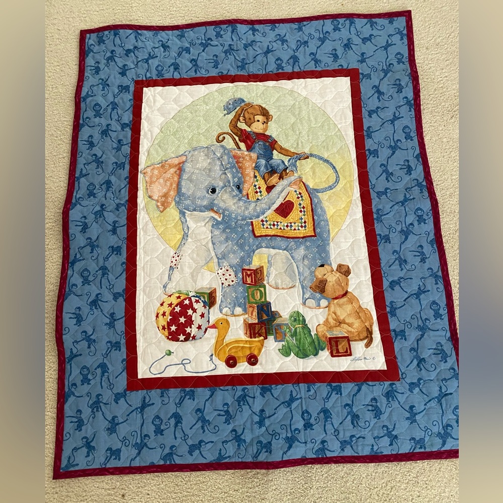 Vintage Monkey Business Quilted Baby Blanket Elephant Toy Blocks Red Stars HTF!